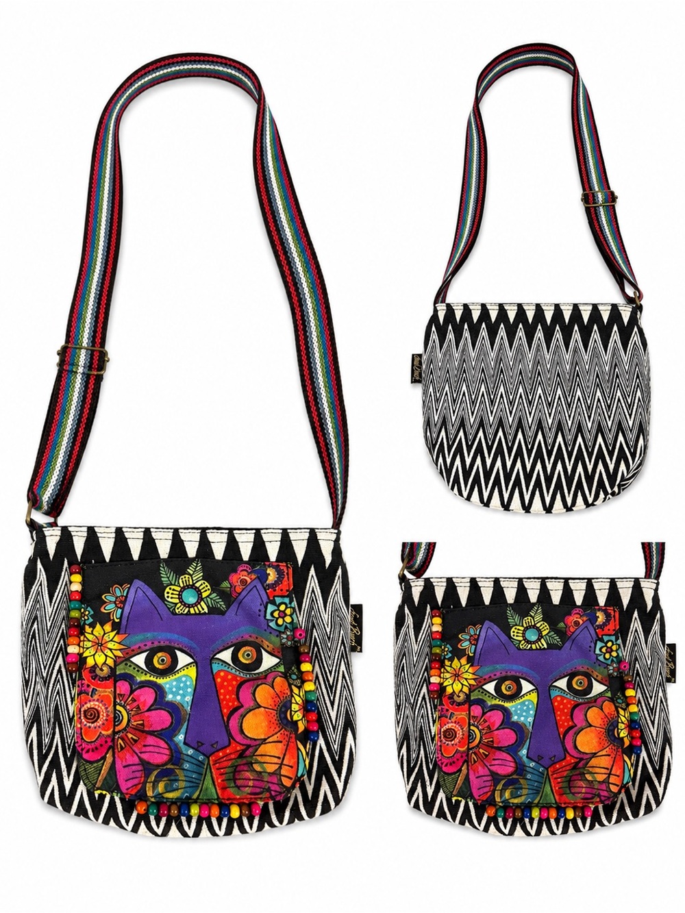 Laurel Burch Colorful Cat Beaded Crossbody Bag Boho Art Purse
